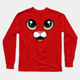 Happy Cat Face with Big Eyes - Open Mouth Long Sleeve T-Shirt